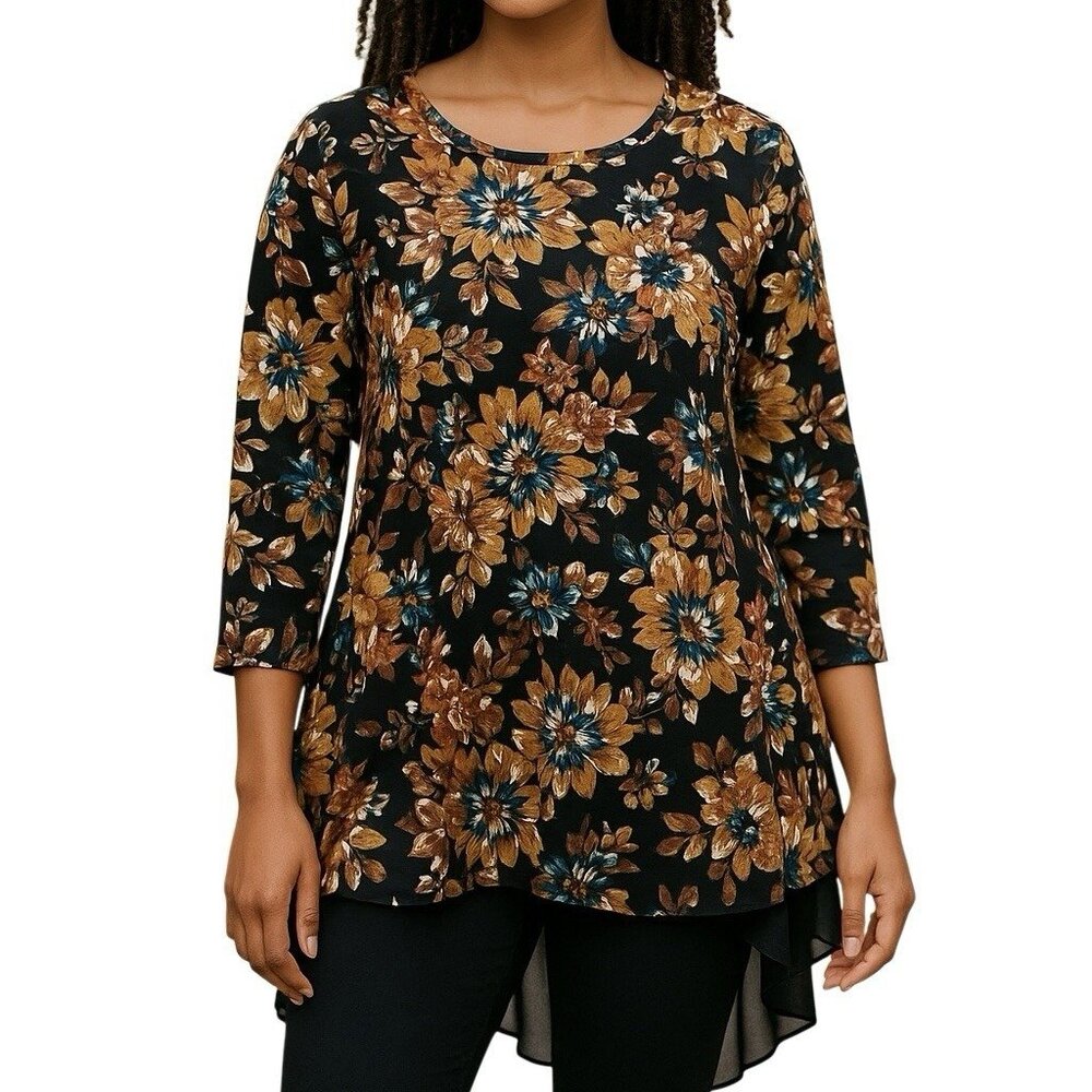 Kate & Mallory Blouse Size Medium Floral Skirted Hi Low Chiffon Hem Mixed Media